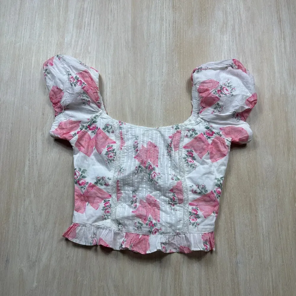 LoveShackFancy Pink Bow Rose Floral Puff Sleeve Coquette Cottagecore Crop Top 00